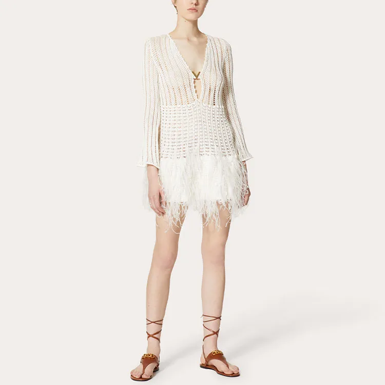Valentino Crochet Knit Feathered Mini Dress 'White'-2