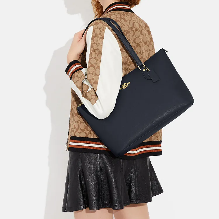 COACH Gallery Cross Stitch Leather Tote Bag Shopping Bag Handbag Shoulder Bag Large Size Women's Midnight Blue-3