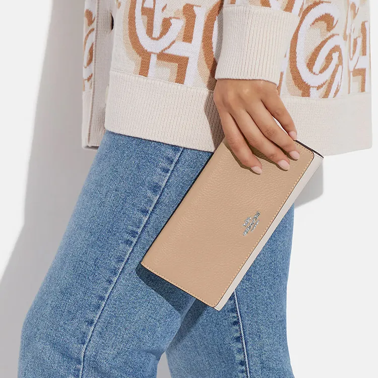COACH Trifold Wallet Pebbled Leather Wallet Women's Beige-4