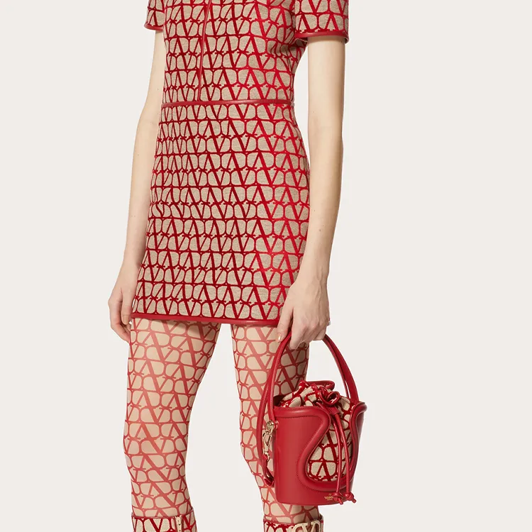 Valentino Goatskin Patchwork Fabric Detail Bucket Bags Shoulder Bag Crossbody Bag Handbag Regular Women's Beige/Red-6