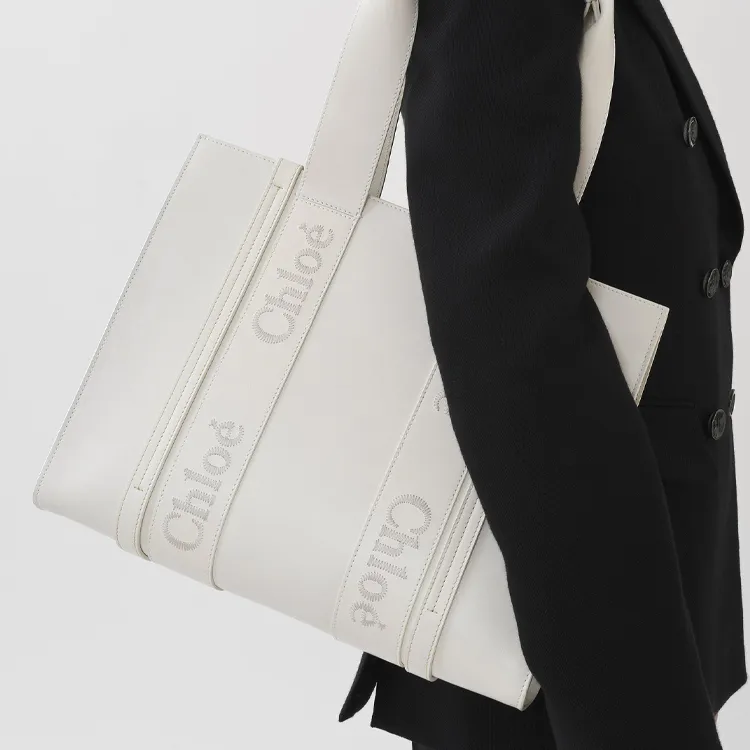 Chloe Woody Smooth Calf Leather Tote Bag, Shopping Bag, Shoulder Bag, Handbag Medium Size Women's White-5