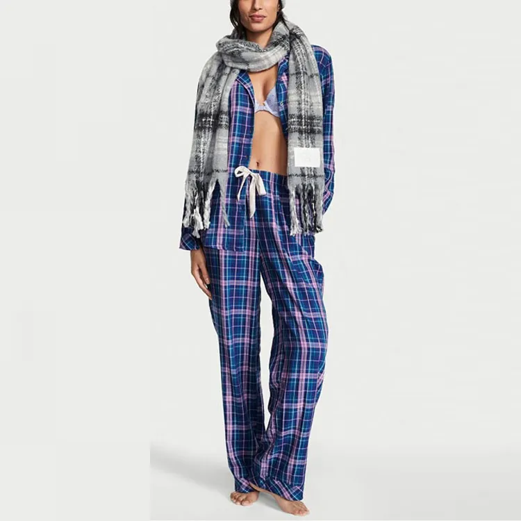Victoria's Secret Pajama Set Women's Marine Blue Plaid-1