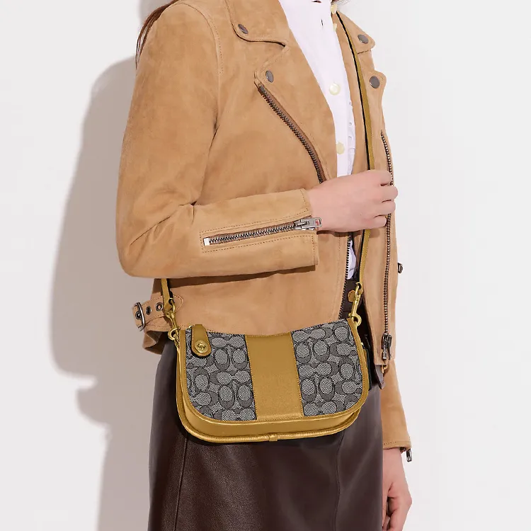 COACH Swinger Fabric With Leather Shoulder Bag Crossbody Bag Handbag Medium Size Women's Gray & Yellow-3