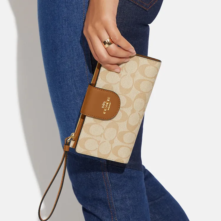 COACH Tech Wallet Coated Canvas With Smooth Leather Clutches Card Holder Wallet Small Size Women's Khaki & Saddle-3