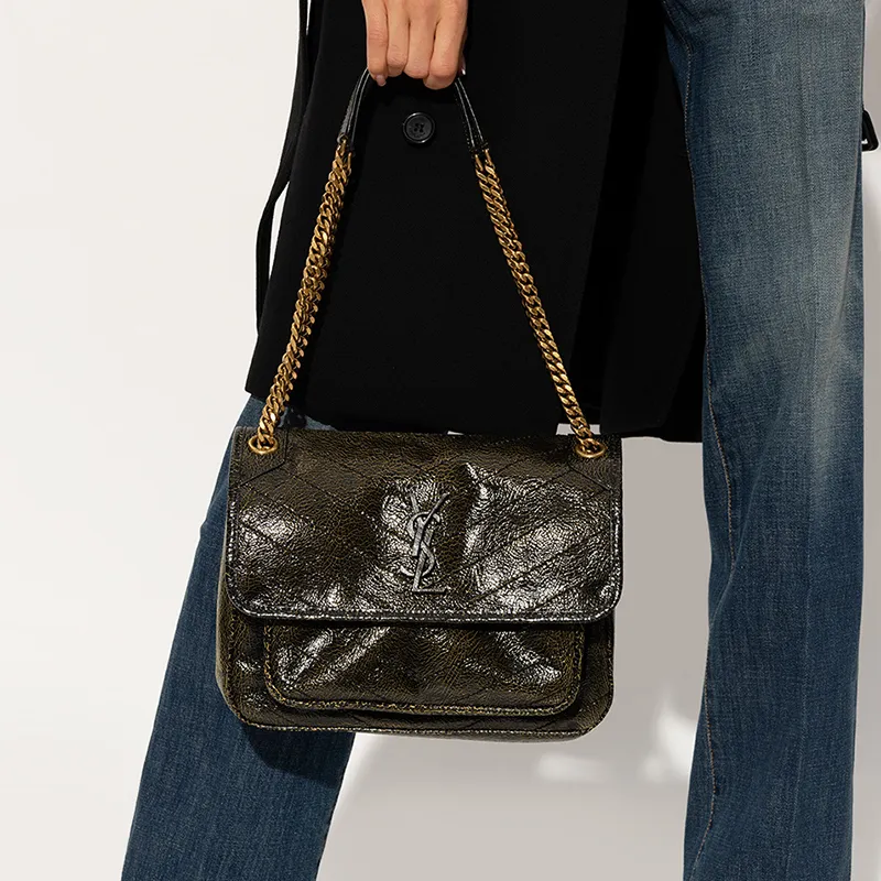 SAINT LAURENT Niki Cow Leather Chain Crossbody Bag Shoulder Bag Medium Size Women's Black Yellow-5