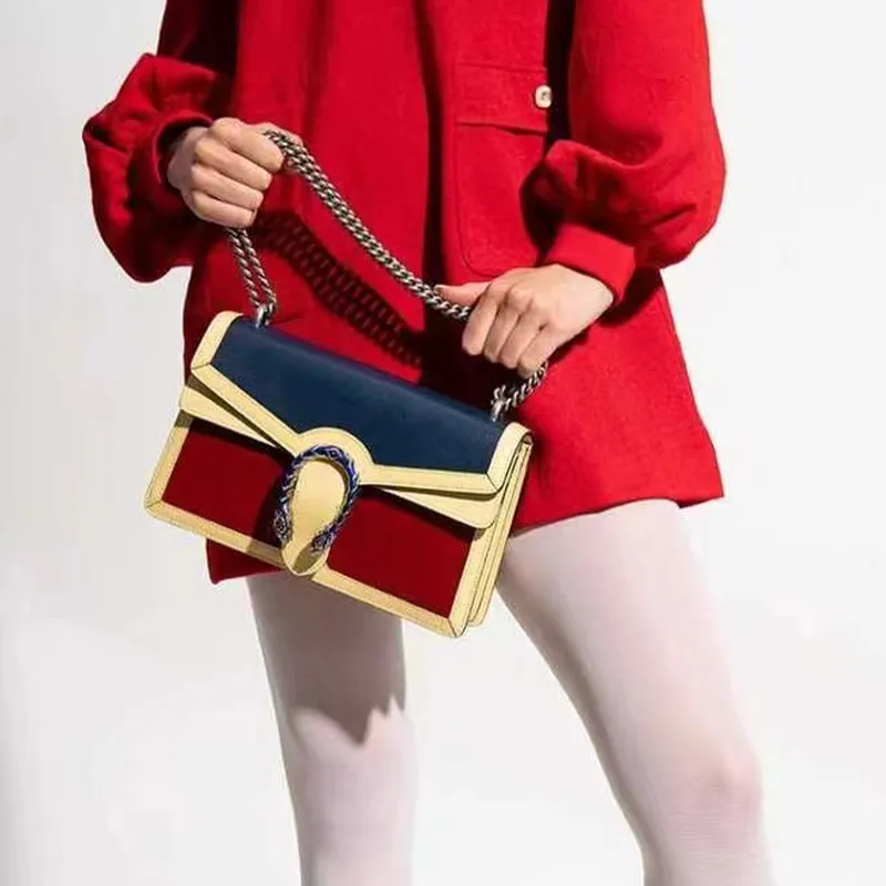 GUCCI Cow Leather Chain Bag Portable Crossbody Bag Shoulder Bag Women's Blue & Red & Beige-5