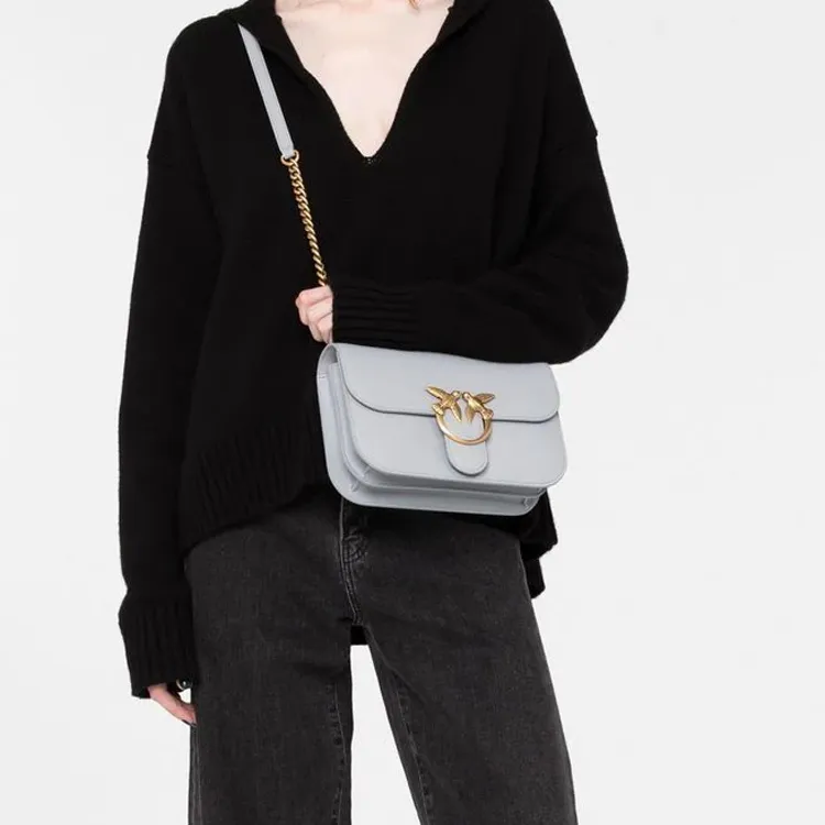 PINKO Cow Leather Shoulder Bag, Crossbody Bag Trumpets Women's Blue-4
