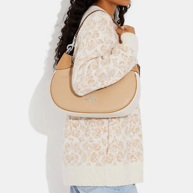 COACH Hobo Pebbled Leather Shoulder Bag, Crescent Bag, Handbag, Shoulder Bag Women's Khaki-4