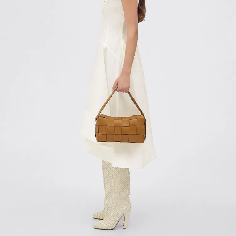 Bottega Veneta Brick Casstte Leather Waffle Bag, Shoulder Bag, Handbag Women's Camel-9
