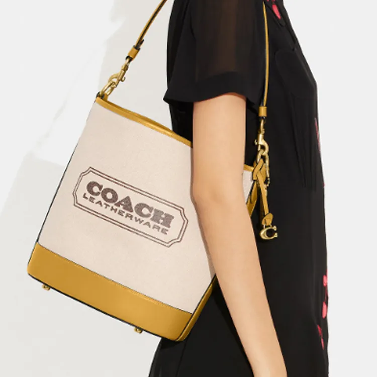 COACH Dakotah Canvas With Calfskin Bucket Bag Handbag Shoulder Bag Crossbody Bag Large Size Women's Beige & Yellow-3