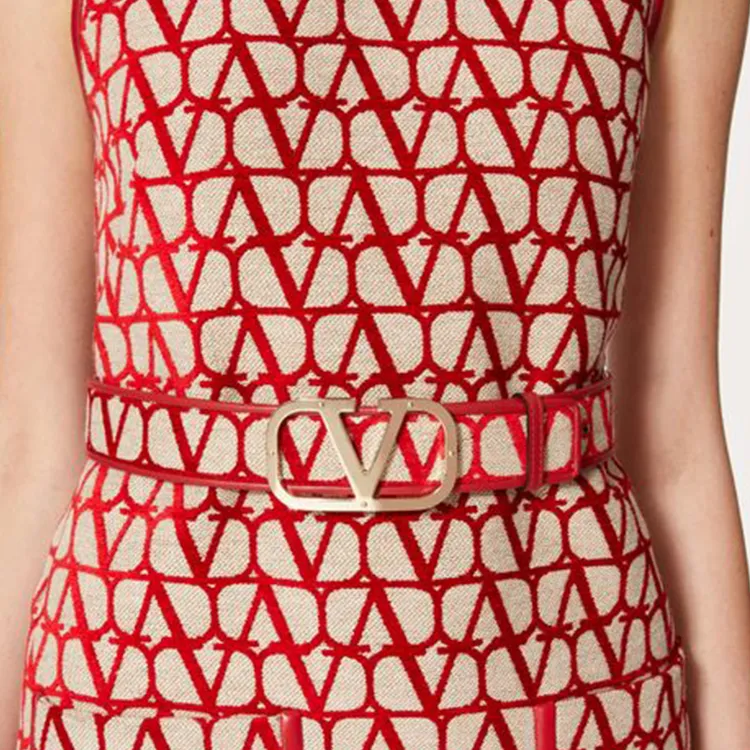Valentino Elegant And Refined Smooth Buckle Leather Belts Women's Red-2
