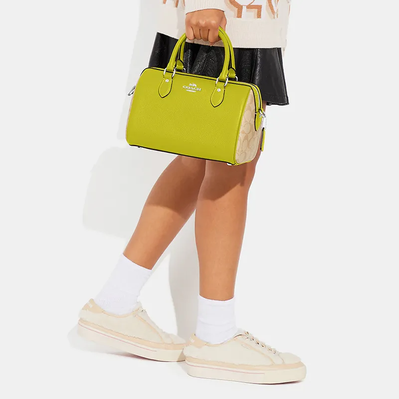 COACH Rowan Canvas With Pebbled Leather Boston Bag One Shoulder Handbags Women's Grass Green-3