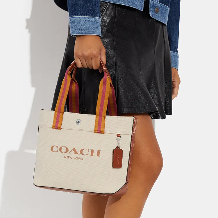 COACH Canvas With Smooth Leather Canvas Bag, Tote Bag, Shopping Bag, Handbag Medium Size Women's Beige Yellow-6