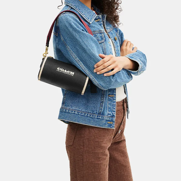 COACH Barrel Pebbled Leather Cylinder Bag Shoulder Bag Crossbody Bag Large Size Women's Black-3