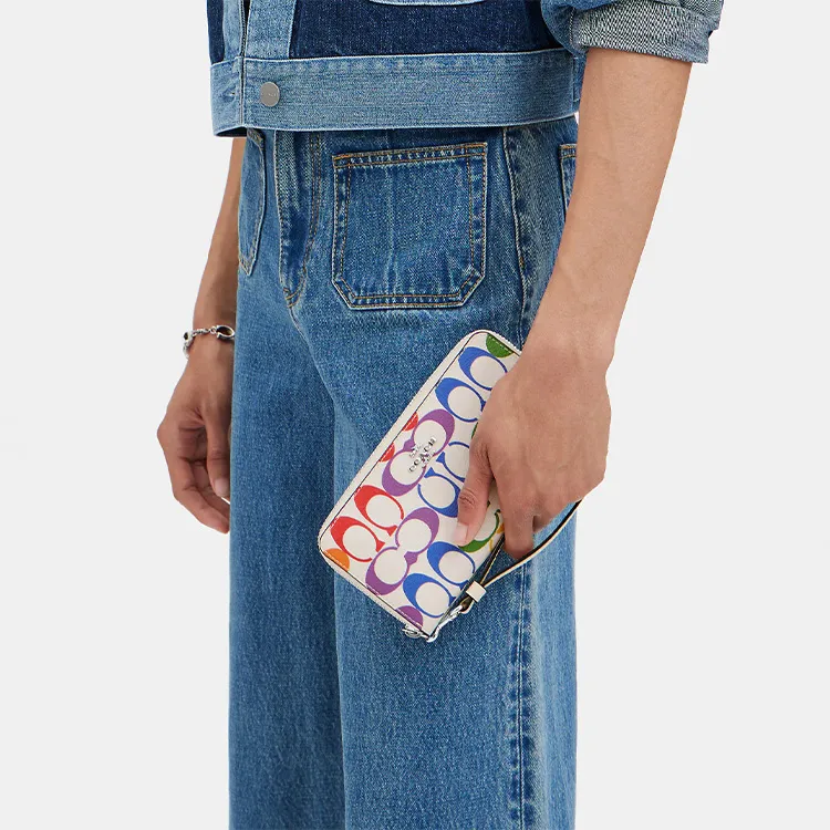 COACH Zip Around Coated Canvas With Smooth Leather Coin Pocket Clutch Wallet Small Size Women's Multicolor-4