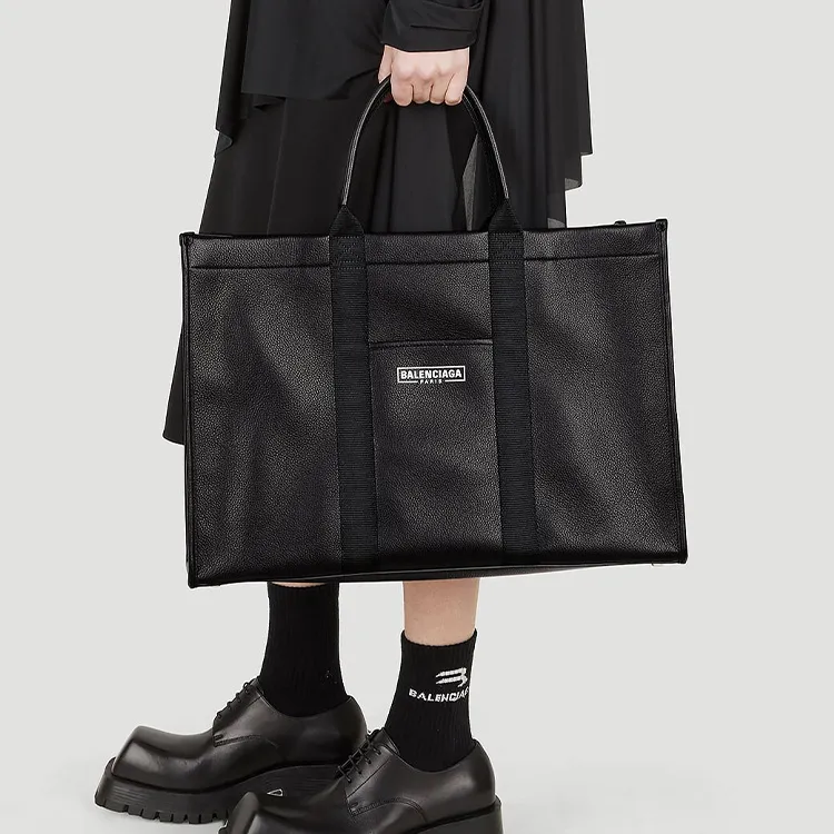 Balenciaga Cotton Canvas With Calfskin Tote Bag Shopping Bag Handbag Large Size Men's Black-5