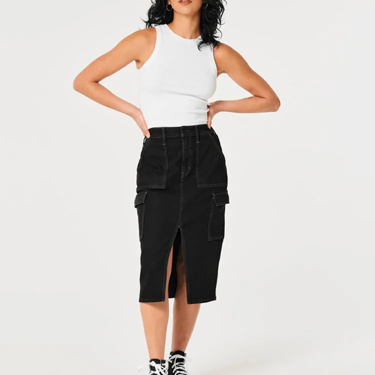 Hollister Denim Long Skirts Women's Black-1