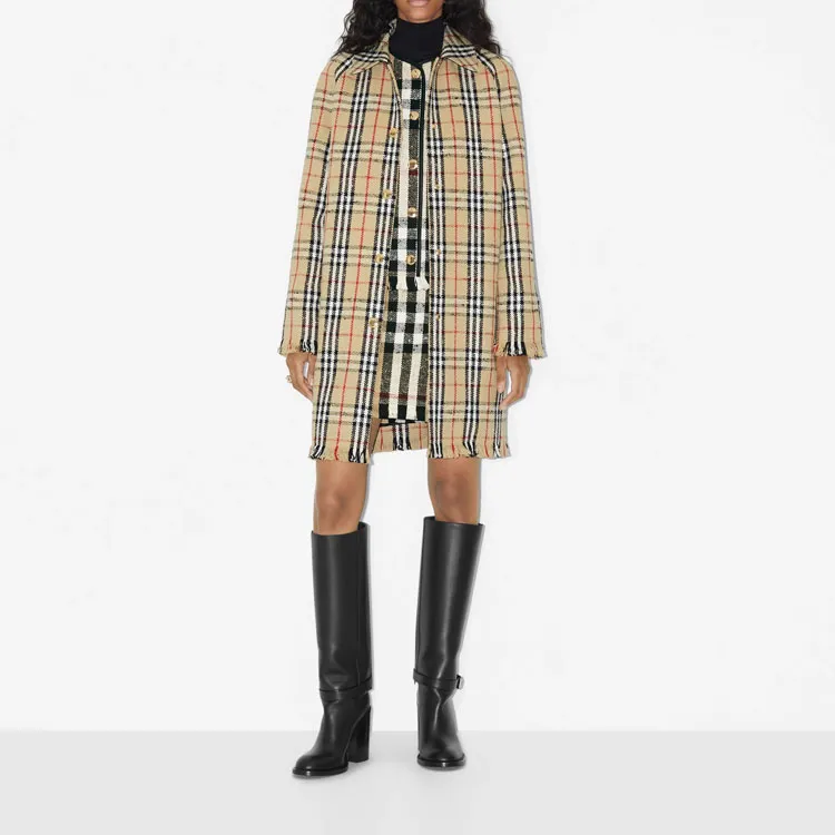 Burberry Checked Fringed Edge Buttoned Coat-1