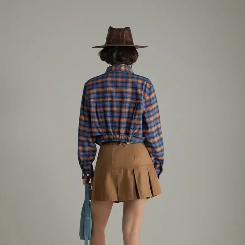 NO ONE ELSE Crop Tops Women's Blue Plaid-2