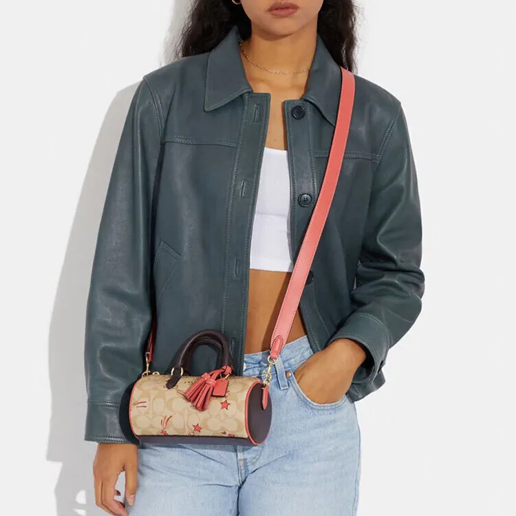 COACH Lacey Canvas With Leather Boston Bag Handbag Shoulder Bag Crossbody Bag Small Size Women's Khaki & Pink-3