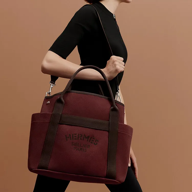 HERMES Canvas Canvas Bag Equestrian Bag Tote Bag Shopping Bag Travel Bag Handbag Shoulder Bag Regular Unisex Brown/Red-9