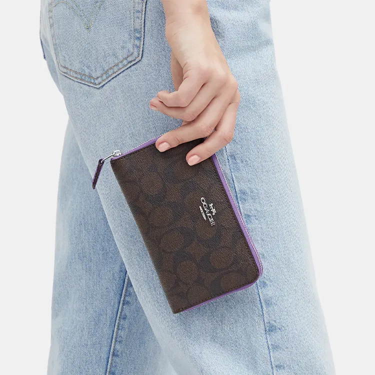 COACH Id Zip Wallet Canvas With Leather Coin Purse Clutch Wallet Medium Size Women's Coffee-2
