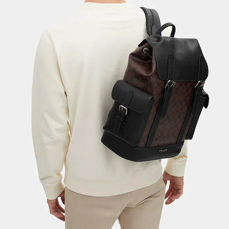 COACH Hudson Canvas With Leather Backpack Men's Brown Black-3