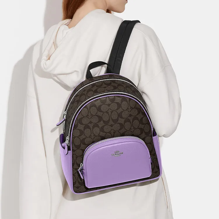 COACH Court Canvas With Leather Backpack Medium Size Women's Purple & Coffee-7