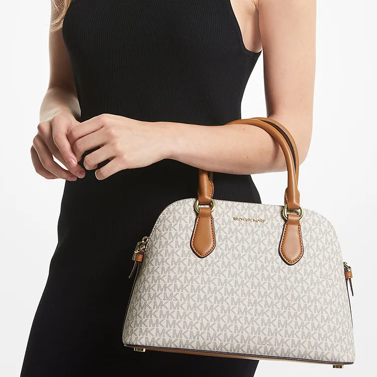 MICHAEL KORS Veronica Canvas Dome Bag, Shoulder Bag, Crossbody Bag, Handbag Medium Size Women's Vanilla White & Brown-2