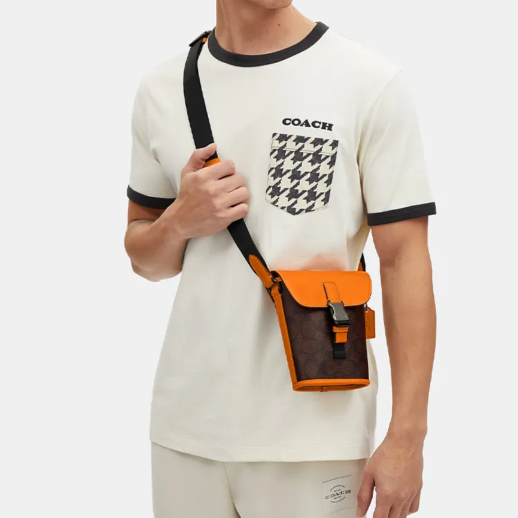 COACH Track Canvas With Calfskin Messenger Bag, Shoulder Bag, Crossbody Bag Trumpets Men's Orange & Dark Brown-3
