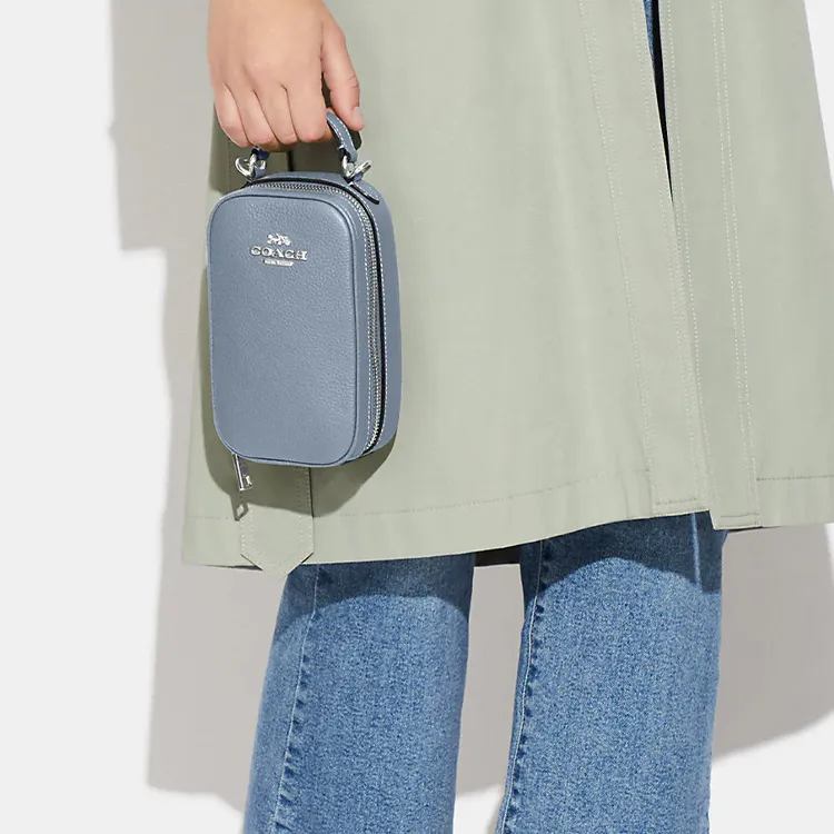 COACH Eva Pebbled Leather Cell Phone Pouch Shoulder Bag Crossbody Bag Regular Women's Haze Blue-3
