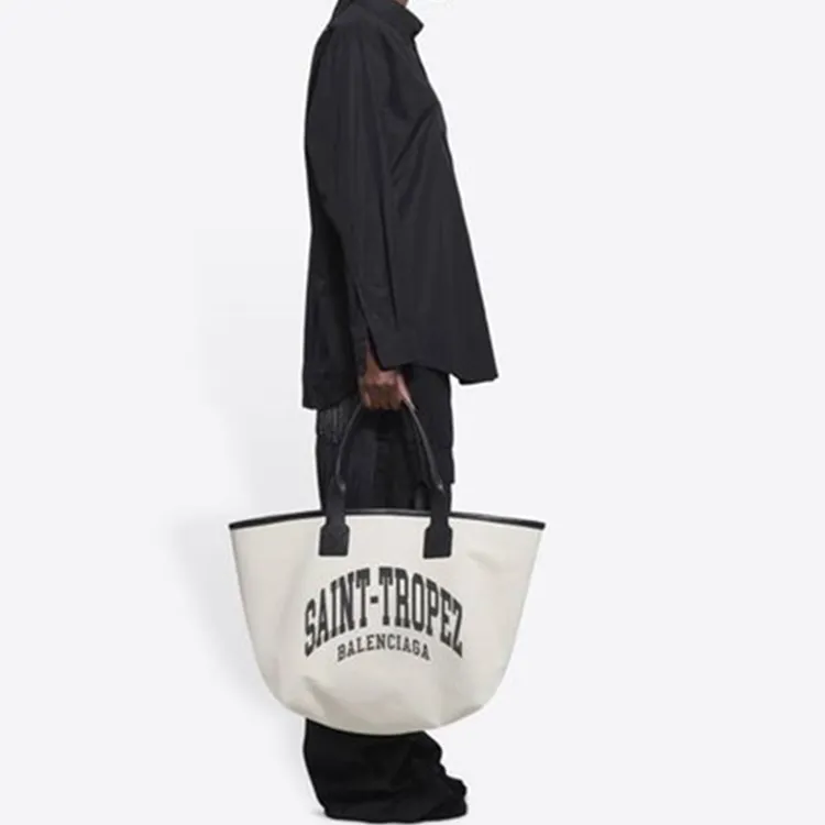 Balenciaga Cotton Canvas With Calfskin Tote Bag Shopping Bag Canvas Bag Handbags Large Size Women's Ecru-4