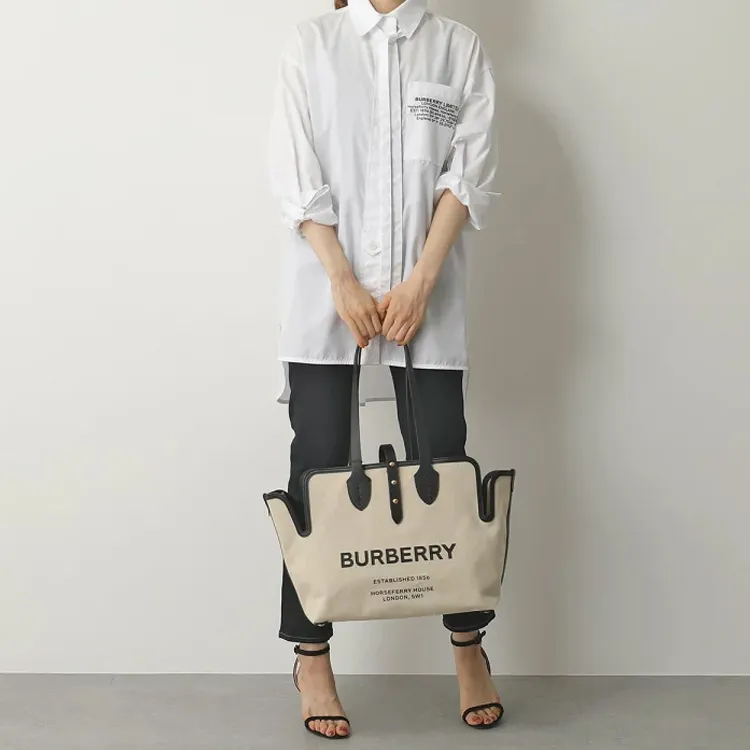 Burberry Canvas Bag, Tote Bag, Shopping Bag, Combo Bag, One Shoulder Handbag Medium Size Women's Natural & Black-6