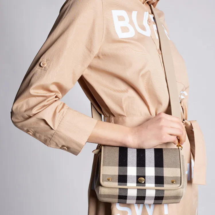 Burberry Note Cotton Patchwork Leather Shoulder Bag Crossbody Bag Small Size Women's Light Brown-5