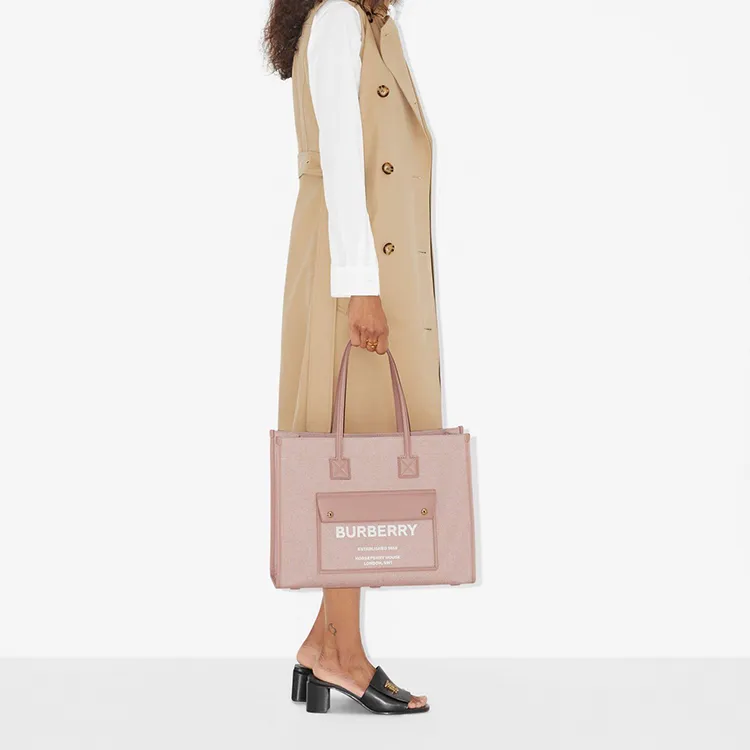 Burberry Freya Canvas With Calfskin Tote Bag Shopping Bag Handbag Medium Size Women's Bright Red/Dark Pink-4