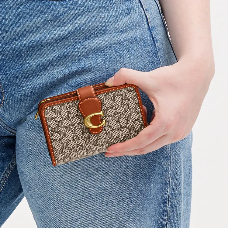 COACH Tabby Jacquard With Leather Coin Purses Wallets Women's Gray & Brown-4