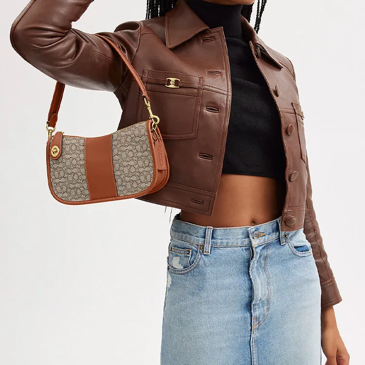 COACH Swinger Jacquard With Leather Saddle Bag Handbag, Shoulder Bag Women's Brown & Gray-5