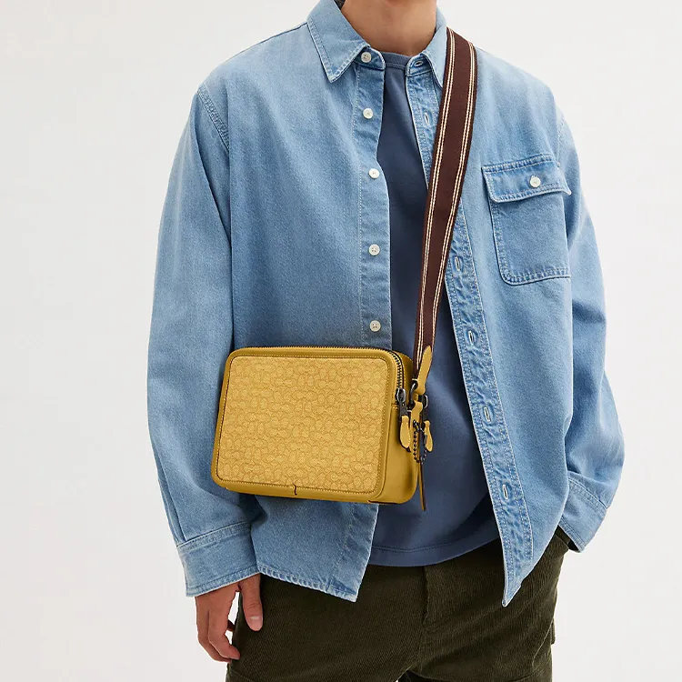 COACH Charter Jacquard With Calfskin Small Square Bag Camera Bag Shoulder Bag Crossbody Bag Medium Size Men's Yellow-4