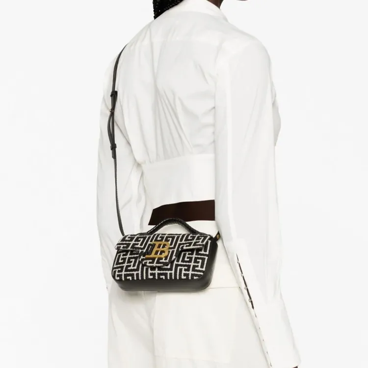 BALMAIN Calfskin With Cotton Handbag, Shoulder Bag, Crossbody Bag Regular Women's White/Black-4