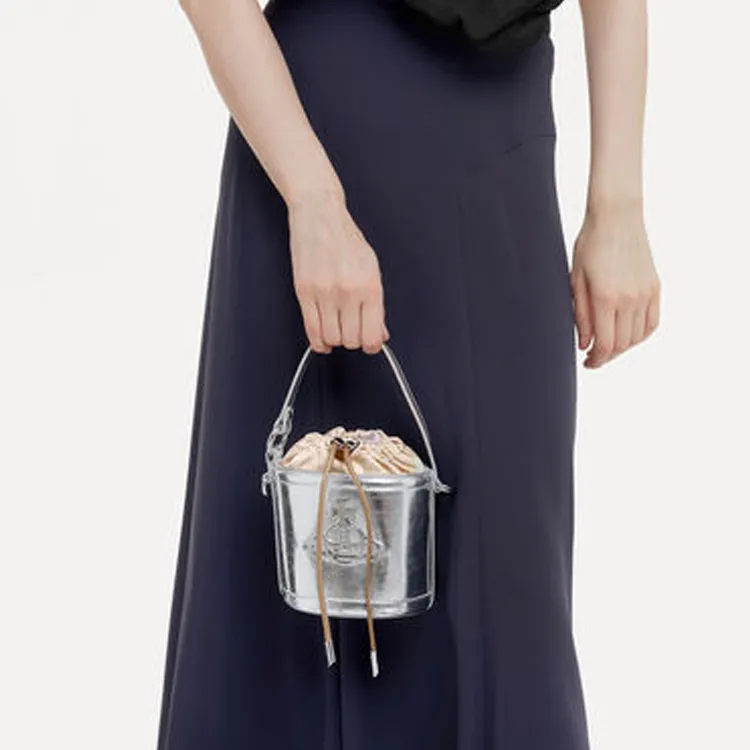Vivienne Westwood Wrinkle Leather Bucket Bags Shoulder Bag Crossbody Bag Handbag Regular Women's Silver-4