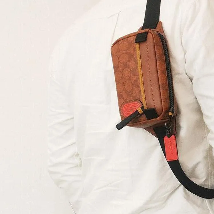 COACH Edge Coated Canvas With Calfskin Sling Bag Shoulder Bag Crossbody Bag Fanny Pack Small Size Men's Brown-4