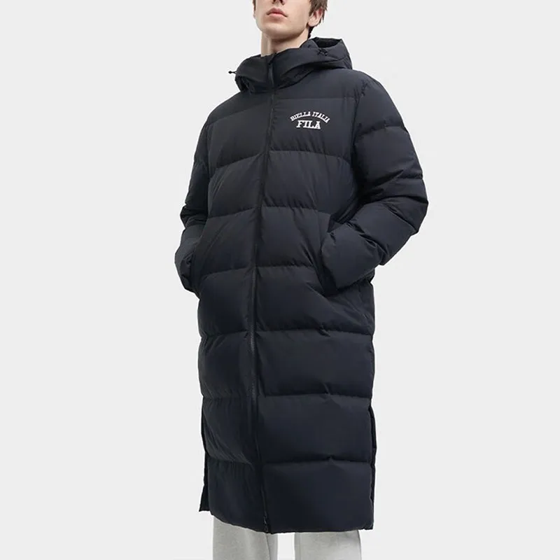 FILA Letter Print Hooded Long Down Jacket Black-2