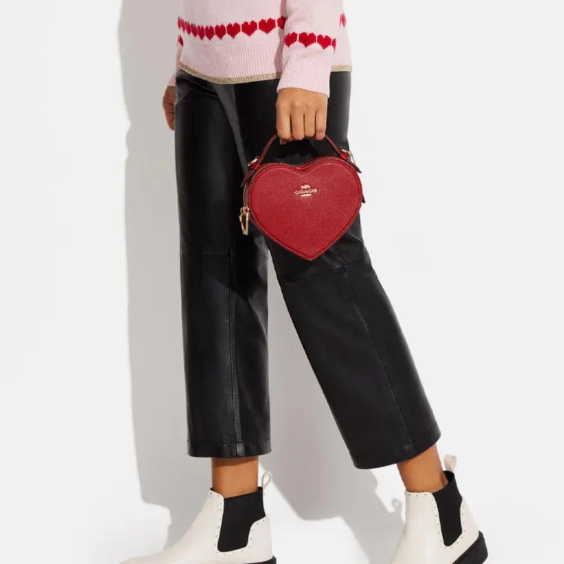 COACH Heart Cross-Stitch Leather Handbag Shoulder Bag Crossbody Bag Mini Women's Red-3