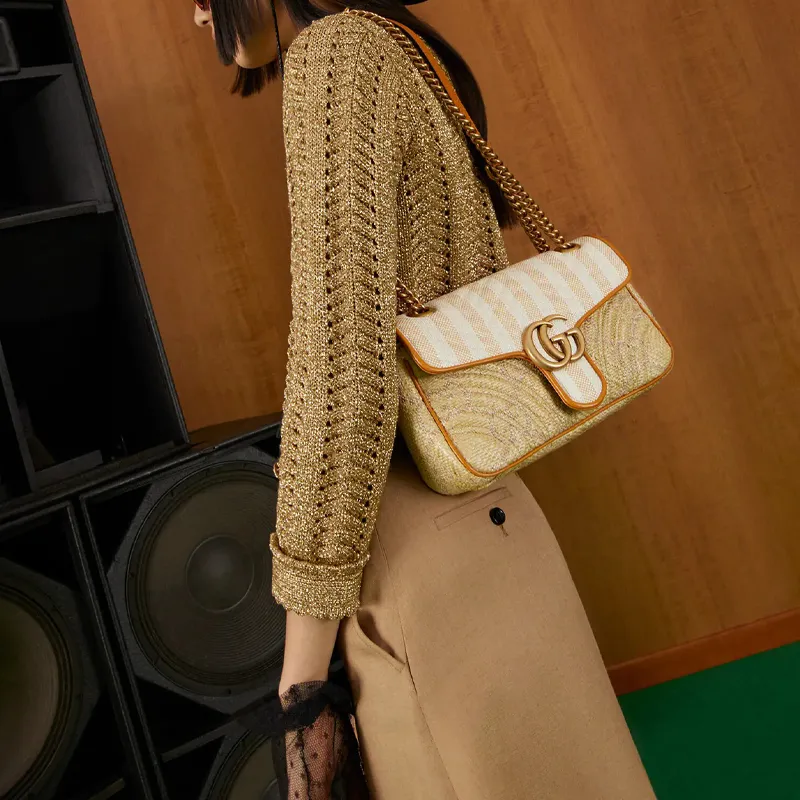 GUCCI Marmont Raffia Patchwork Leather Crossbody Bag Shoulder Bag Small Size Women's Natural Multicolor-8