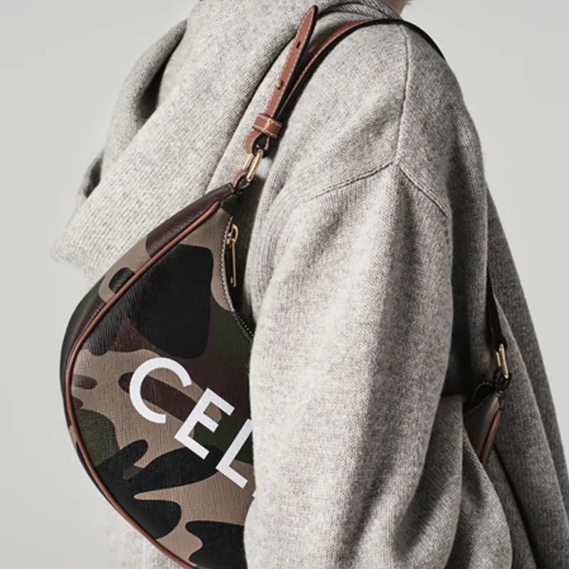 CELINE AVA Canvas With Leather Handbag, Shoulder Bag, One Shoulder Women's Camouflage Print/Khaki-3