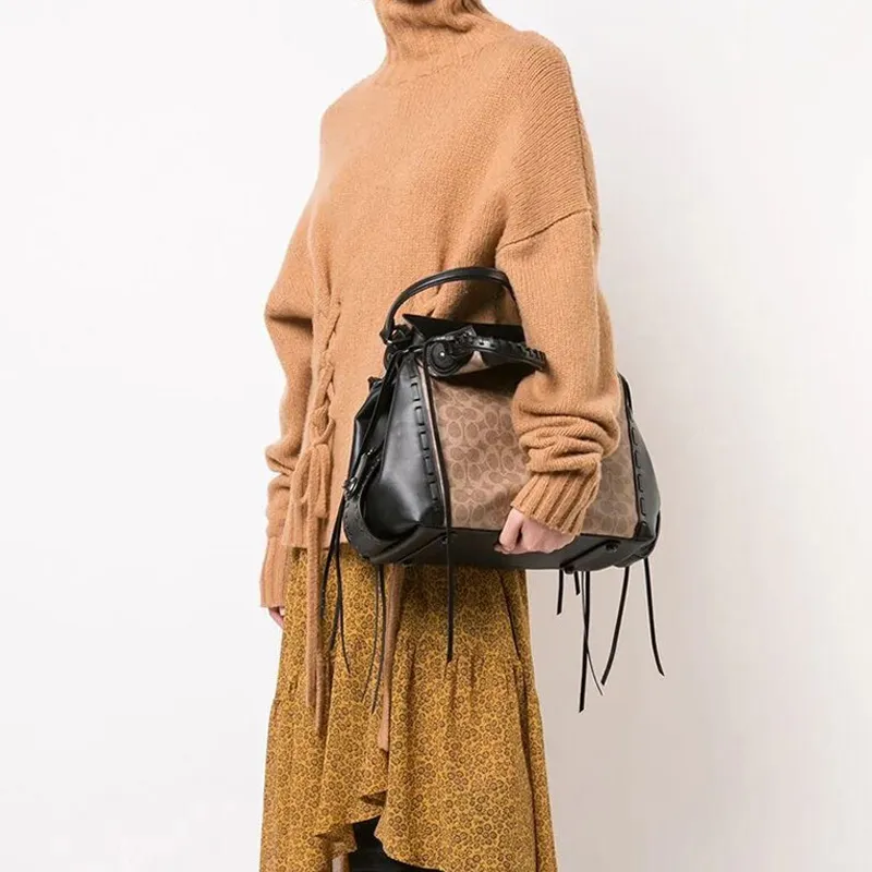 COACH Edie PVC Classic Monogram Fringe One Shoulder Crossbody Handbag Crossbody Bag Tubas Women's Brown-3