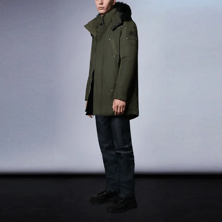 Moose Knuckles FW21 Solid Color Hooded Mid-Length Down Jacket Men's Army Green-2