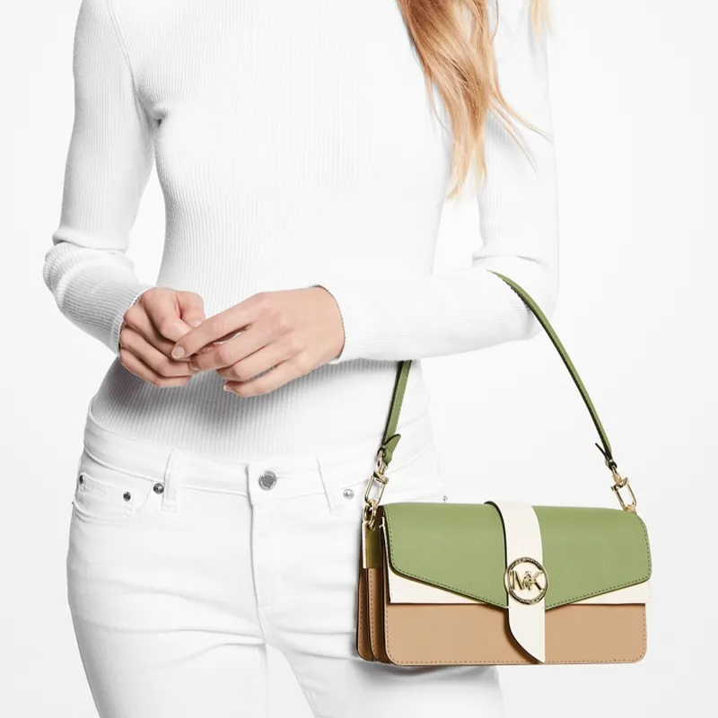 MICHAEL KORS Greenwich Cow Leather Shoulder Bag, Crossbody Bag Medium Size Women's Camel & Fruit Green-3