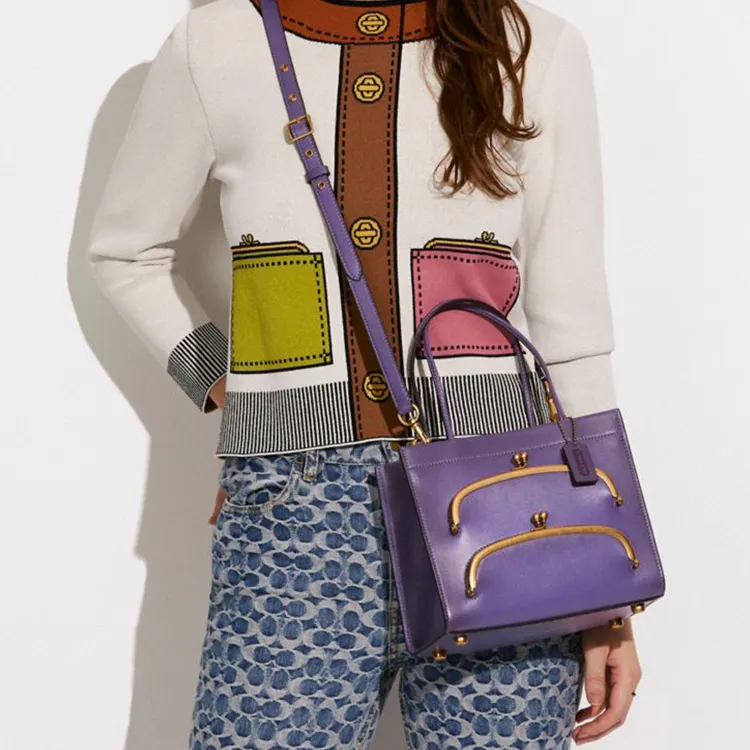 COACH Cashin Leather Tote Bag, Shopping Bag, One Shoulder Handbag Trumpets Women's Purple-3