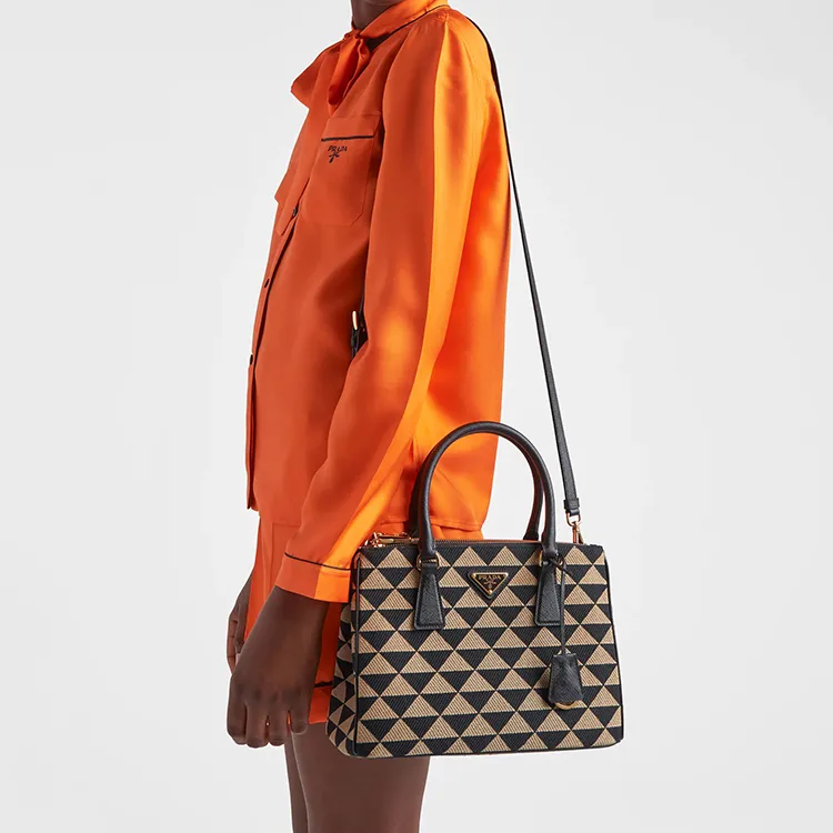 PRADA Galleria Killer Bag Embroidered Fabric Tote Bag Shopping Bag Small Size Women's Black/Beige Yellow-5